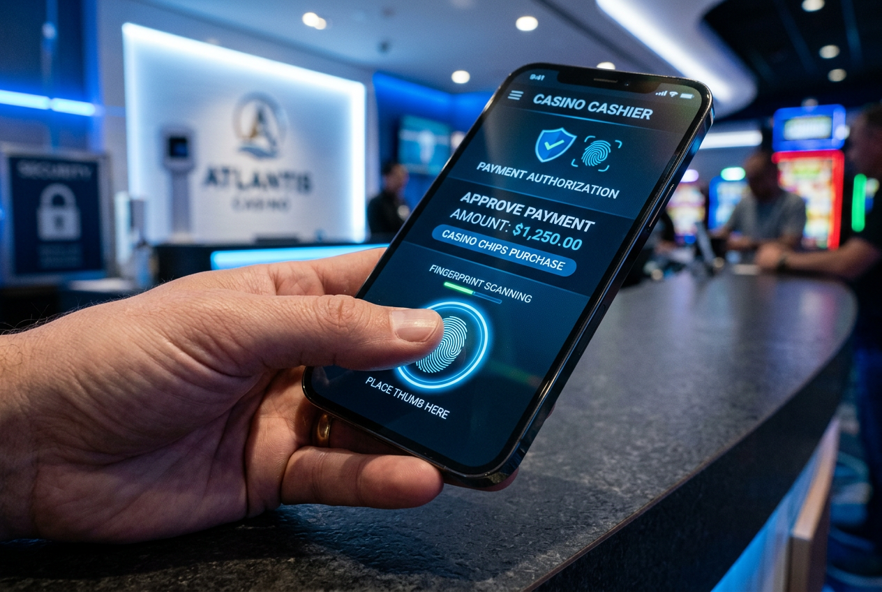 Detailní záběr na mobilní aplikaci kasina s biometrickým ověřením platby