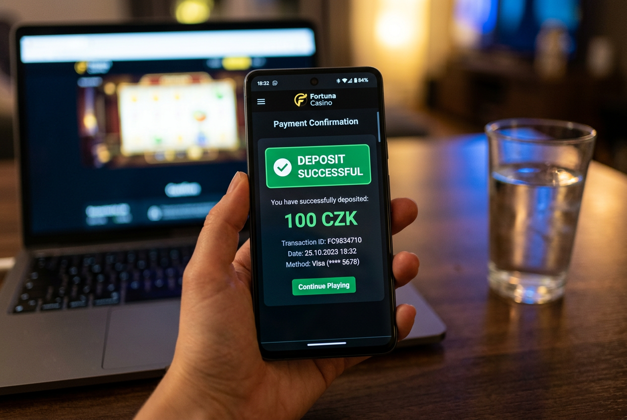 Moderní smartphone zobrazující potvrzení úspěšného vkladu 100 Kč v rozhraní online kasina